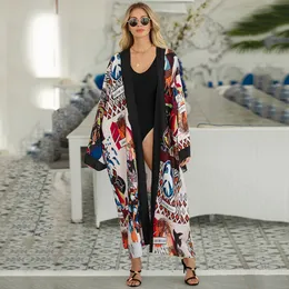 Women's Swimwear Honbosion Beach Dress Kimono Print Silk 18 24 Acetate Style Rayon Cover Ups Abaya 230914