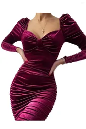 Lässige Kleider Fuchsia geknotete Büste Puffärmel geraffte Samtkleid Frauen Herbst Frühling lange dünne Party Nachtclub kurz