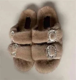Slides Slides Luxury Mink Fur Slippers Hair Hair Hairals Shoes Double Buckle Shoes for Women Fluffy 2108267709733