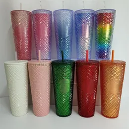 Starbucks Double Plaid Cup Straw Cup 710ML Tumblers Mermaid Plastic Cold Water Coffee Cups Gift Mug Pink239y