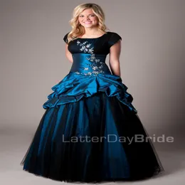 Azul real preto longo vestido de baile modesto vestidos de baile com mangas boné vintage mangas curtas tafetá idosos inchado baile de formatura dresse220v