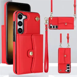 Shoulder Folio Phone Case for iPhone 14 13 12 Pro Max Samsung S23 Ultra S22 A53 A73 5G S20FE S21FE S20 S21 Adjustable Lanyard Multiple Card Slots Leather Wallet Cover