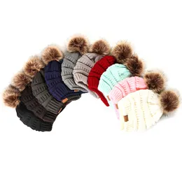 Chapeau CC tricoté chaud en laine d'hiver pour femmes avec de grandes boules de fourrure Pom Poms Bonnet au crochet Casquette de ski Bobble Fleece Cable Slouchy Skull Hat Caps 10 couleurs