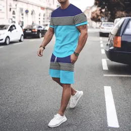 Erkek Trailtsits 2023 Yaz Trailsuit Moda Minimalist Stripe 3D Baskı Tişört Takımları Adam Spor giyim Gündelik Sokak Giyim