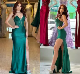 Sexy Hunter Green Sheath Prom Dresses Long for Women Sequined Pleats Floor Length High Side Split Birthday Pageant Celebrity Evening Party Gowns Formal Occasions