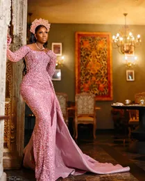 Eleganti abiti da sera a sirena rosa Nuovi lustri di lusso con paillettes Perline Sweep Train Perle Plus Size Abiti da ballo Taglia Custom Made D-H23296