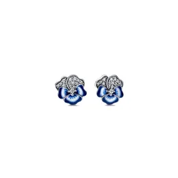 정통 Pando Ra Blue Pansy Flower Stud Earrings S925 Sterling Silve Fine Women Earring 호환 유럽 스타일 보석 290781C01 귀걸이