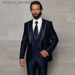 Abiti da uomo Blazer 2019 Abiti da uomo firmati blu navy Abiti da sposo con un bottone Smoking da sposa con risvolto con risvolto Abito da sposo con giacca, gilet e pantaloni Blazer da ballo L230914