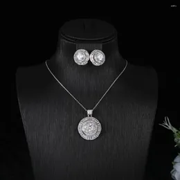 Necklace Earrings Set Luxury Sweet 3 Layer Round Stud Earring Full Pave Cubic Zirconia Engagement Party Drop Jewelry For Dubai Women S437