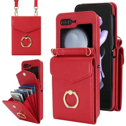 الفاخرة Crossbody Lychee Grain Leather Vogue Phone Case for Samsung Galaxy Z falip3 flip4 flip5 5g فتحات بطاقة متعددة محفظة جلدية كيكستاند قذيفة