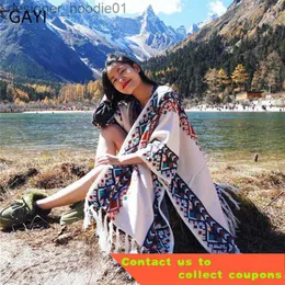 Women's Cape GAYI Shawl Cape Women's Autumn Thickened Ethnic Style Tibet Qinghai Yunnan Lijiang Tourism Knitted Tassel Scarf Dual-Use L230914
