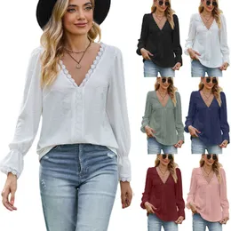 Women Popular T-shirt 2023 Autumn Winter New Jacquard V-neck Lace Panel Long Sleeve Top Blouse luly
