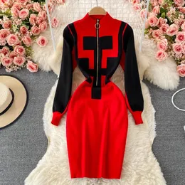 Casual Dresses Women's Dress Stand Collor Long Sleeve High Waist Knit Female Bag Hip Zipper Vestidos 2023 Autumn Winter