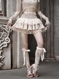 Kjolar blodförsörjning kvinnor balett domstol mini kjol fransk elastisk midja jacquard spets mesh cake culotte aprikos bollklänning