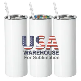 EUA CA Warehouse Atacado a granel personalizado 20 onças de aço inoxidável copo magro reto copos de sublimação em branco com tampa e palha
