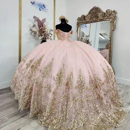 Sparkly Rose Pink Quinceanera Dresses Off Shoulder gillter resed 레이스 아플리케 코르셋 Victorian Sweet 15 Vestidos Debutante
