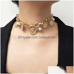 Pendant Necklaces Vintage Bohemian Choker For Women Faux Pearl Coin Emboss O Shape Gold Sier Chains Fashion Boho Jewelry Gift Drop Del Dhs84