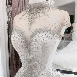 2021 Arabski rozmiar Aso Ebi luksusowe kryształy z koralikami sukienki ślubne Wysokie szyi Sukienki ślubne Surowe Suknie szyi ślubne 2704
