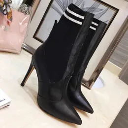 Fashion Designer Boots Women's Silhouette Ankle Boots Versatile trend Calf leather high heels black white grey brown Stretch Elastic band Slip-on Motorcycle Boots