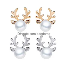 Stud Luxury Pearl Antlers örhängen Julen Reindeer Elk Animal Rhinestone Crystal Sier For Women Girls Fashion Jewelry Drop Delivery Dhght