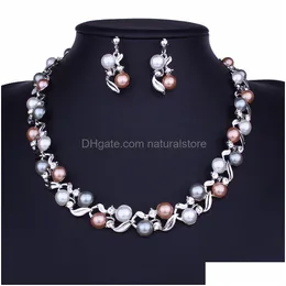 Örhängen halsband Colorf Pearl Smycken Set Vintage Alloy Leaves uttalande chokers brudtillbehör krage parti gåva släpp leverans s dh1z0