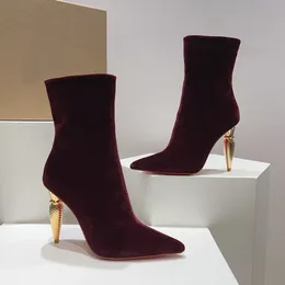 Üst Nitit Kalite Velvet Ayak Bileği Botları Metal Topuk Yüksek Topuk Zip Botları Saç Partisi Elbise Ayakkabıları Kadın 'Lüks Tasarımcı Moda Partisi Ayakkabı Fabrika Ayakkabı