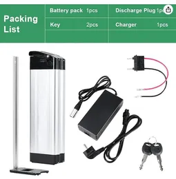 390mm Silver Fish Ebike Battery 48V 21AH Electric Bike Lithium Li-ion Battery 17.5AH with Charger Electric Bicycle Battery for 250W 350W 500W 750W 1000W Motor