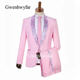 Gwenhwyfar 2019 zarif düğün damat smokin pembe kostüm 2 adet lüks çiçek desenleri shawl lapel erkekler takım elbise parti palavra suit202g