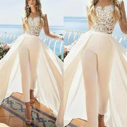 Sukienki ślubne Jumps z odłączanym treningiem klejnotem szyi koronkowa aplikacja iluzja długie rękawy suknie ślubne na zamówienie Abiti da 2643