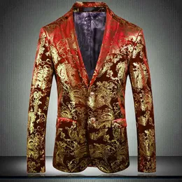 Red Male Blazer عالي الجودة الطباعة الذهبية المفردة الهرواق السترة من الرجال بالإضافة إلى الحجم 5xl نحيف FIT MAN MAN SUITS 279H