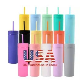 Hotsale 16oz Plastic Double Wall Black Plain Matte Colored Acrylic Skinny Tumbler Cups With Straw NEW