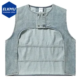 Gilet da uomo Streetwear Hip Hop Gilet di jeans Uomo Arc Cut Moda Gilet di jeans Nero Blu Harajuku Oversize Techwear Gilet Darkwear Y2K Top 230915