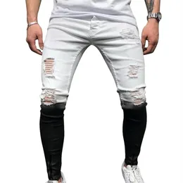 Novos jeans magros homens gradiente preto branco rasgado buraco denim pantalones masculino 2020 outono tornozelo zíper lápis calças308j
