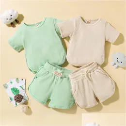 Clothing Sets 2Pcs Toddler Baby Girls Boys Summer Ribbed Outfit Solid Color Short Sleeve T-Shirt Dstring Shorts For 6M-4T Drop Deliver Dhctf