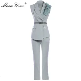 Vestido de duas peças Moaayina moda designer terno primavera outono mulheres cristal tops 3/4 calças conjunto de duas peças 230914