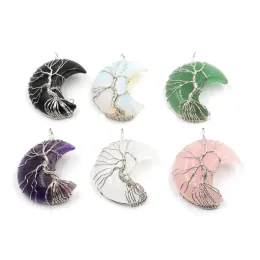 JLN Ciondolo in pietra preziosa con albero della vita avvolto in filo di luna crescente, ciondolo con pietra di quarzo ametista occhio di tigre con collana a catena in ottone regalo per donne LL