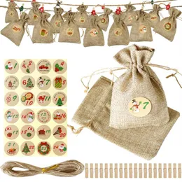 Подарочная упаковка, 24 комплекта, рождественские сумки, комплект из мешковины, карманный адвент-календарь, конфеты с наклейками Clips274C