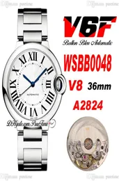 V6F V8 SBB0048 36mm A2824 Relógio automático unissex Mens Womens White Dial Black Roman Markers Pulseira de aço inoxidável Ladies Watche8814250