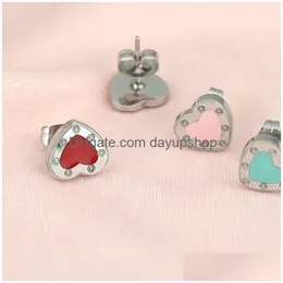10Mm Heart Earring Stud Women Stainless Steel Couple Red Flannel Bag Jewelry Wholesale 7 Oclock Blue Green Pink Drop Delivery
