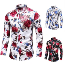 Осенняя новая модная мужская рубашка, повседневная рубашка на пуговицах с длинным рукавом для мужчин, рубашки с цветочным принтом и розами, мужские рубашки больших размеров 5XL 6XL 7XL318s