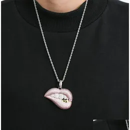 Mens Women Iced Out 14K Zircon Lips Pink Pendant Necklace Micro Pave Bling Flashy Charm Hiphop Jewelry Whosales Drop Delivery