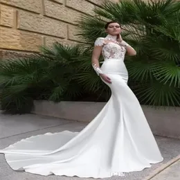 2022 nuovi abiti da sposa a sirena sexy in cristallo con collo alto vedere attraverso la schiena maniche lunghe trasparenti aderenti abiti da sposa economici con spazzata Tr274h