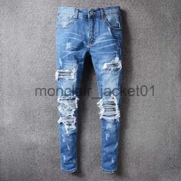 Mäns jeans Biker Pant Jeans Homme Marque de Luxe High Street Skinny Jeans Men Trend Blue Ripped Jean Stacked Jean Hole Spijkerbroekeken Heren J230915