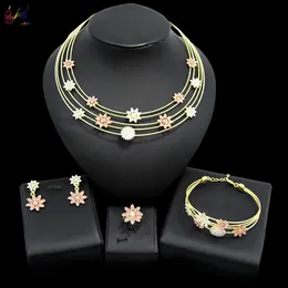 Yulaili Dubai Gold Jewelry for Women Party Flower Shape Crystal Necklace Earrings Bracelet Ring Wedding Bridal Jewellery2774