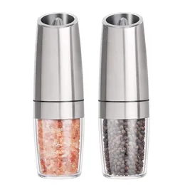 Gravity Electric Salt and Pepper Malders Set - Batteridriven rostfritt stål Automatiska pepparbruk med blått LED -ljus T20032767