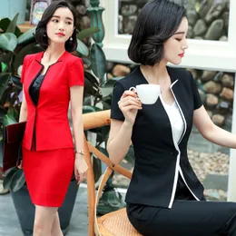 Two Piece Dress IZICFLY Summer Blazer Suit Women Formal Uniform Designs Lady Red Blaser Femeninos Elegant Business Office Wear Set with Skirt 230914