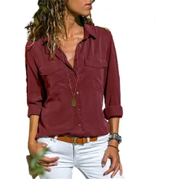 Women's Blouses Shirts Autumn Woman Pocket Office Blouse Plus Size Lapel Long Sleeve Slim Buttons Shirt Ladies Black Pink Femininas Tops S-5XL 230915