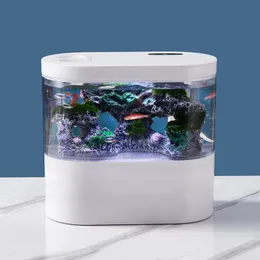 Dekoracje USB Mini Desktop Aquarium Wbudowane w pompę wodną LED LID Light Filtr Samokrążenie i zbiornik złotych rybek 230915