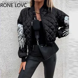 Mulheres Down Parkas Jaquetas Femininas Mulheres Sólidas Casual Lantejoulas Asa Decoração Elegante Zíper Reto Inverno Acolchoado Jaqueta Casacos J230726 L230915