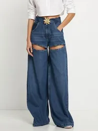 Calça jeans feminina cintura alta flor de metal vazada patchwork coração reto perna larga calça jeans